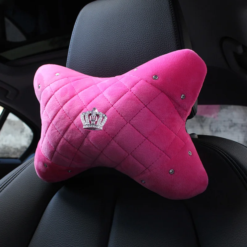 Women Pink Plush Car Neck Pillow Crystal Crown Auto Interior Headrest Seat Support Bone-Shaped Waist Pillows Car Accessories