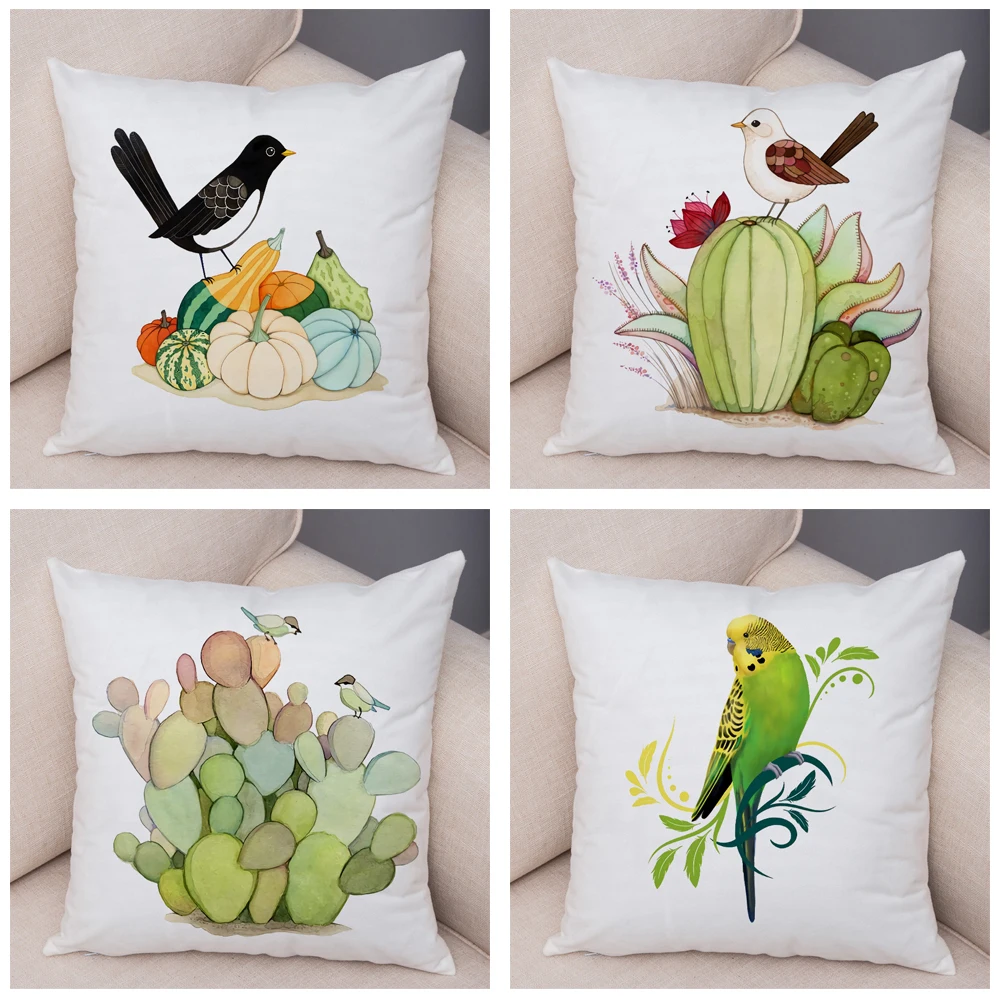 Cartoon Parrot Animal Pillow Case Decor Birds and Flower Cushion Cover for Sofa Home Car Super Soft Plush Pillowcase 45x45cm