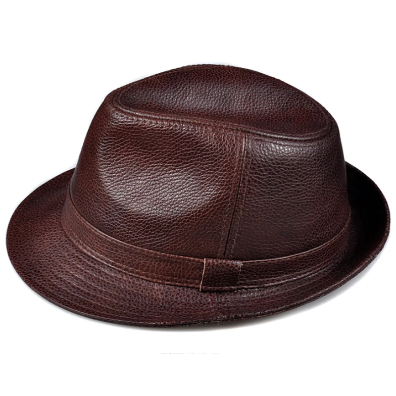 New 2024 Man High Quality Genuine Leather Jazz Fedora Gentleman Cow Skin Short Brim Black/Brown Top Hat Male Shows Topper