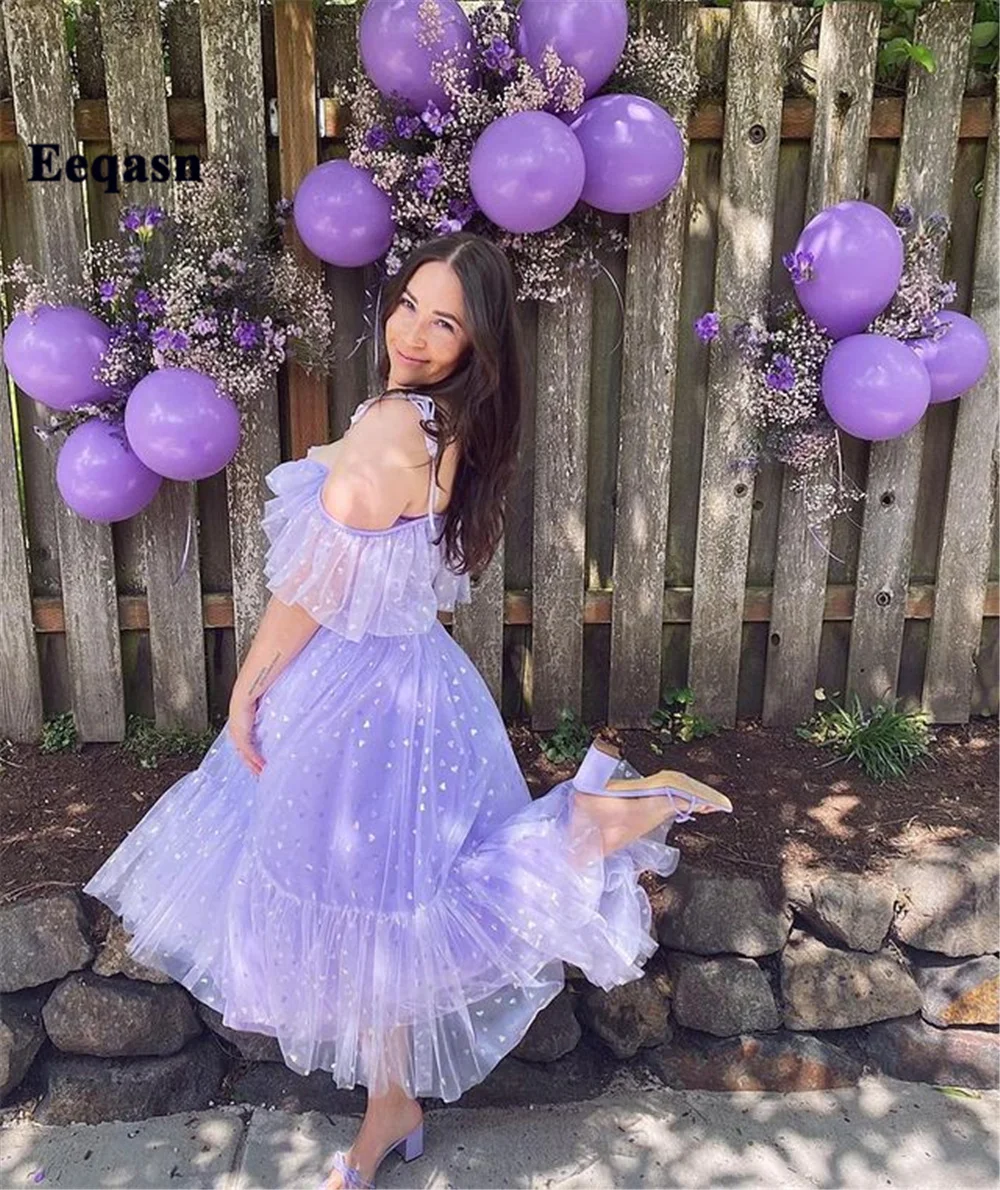 Eeqasn tul lavanda con corazón corto vestidos de baile de correas de hombro deshuesado vestido de fiesta longitud del té Formal vestidos fiesta