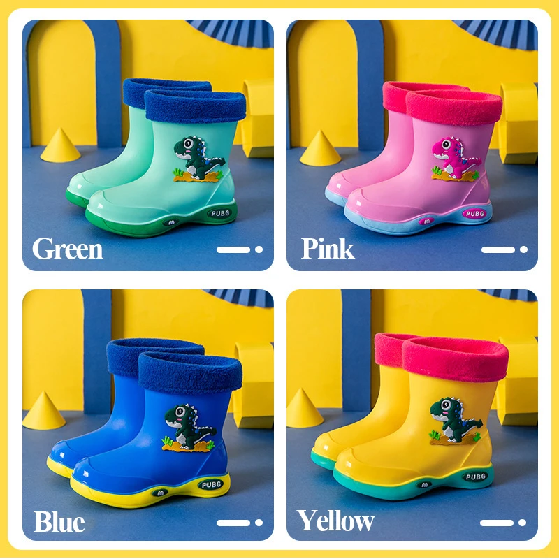 Water Shoes for Baby Girl Boy Shoes Waterproof Cute Rain Boots Kids PVC Rubber Dinosaur Pattern Rain Shoes with Removable Velvet