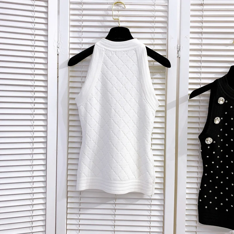 

O-Neck Spring Pullover Beading Crystal Buttons Knitting T Shirt Women Elegant Slim Sleeveless Tank Tops Female Streetwear Vest