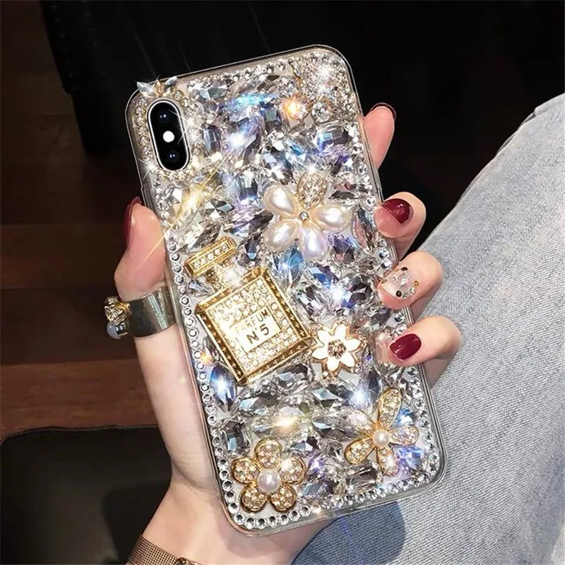 S23 Ultra Luxury Bling Diamond Rhinestone Flower Case For Samsung Galaxy S24 S22 S21 S20 Ultra Plus Note20 Case Pearl Crystal