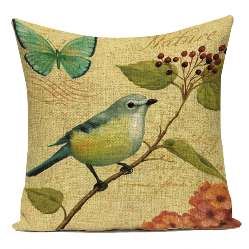 Retro Bird Tree Butterfly Painting Pillow Case Flower Pattern Cushion Cover for Office Bedroom Sofa Car Living Room Pillow Cover