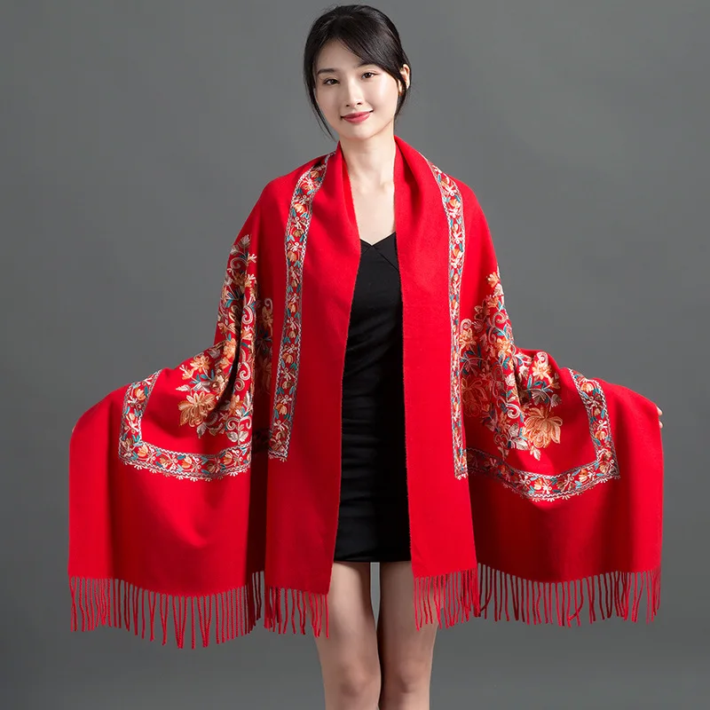 Women New Cashmere Pashmina Scarves Embroider Flower With Tassel Shawl Long Soft Warm Thick Blanket Wraps Bufanda Mujer Scarf