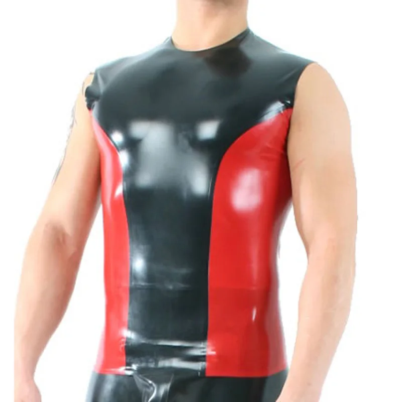 

Black And Red Trims At Two Sides Sexy Latex Vest Shirts With Round Collar Rubber Clothing Tank Top YF-0275