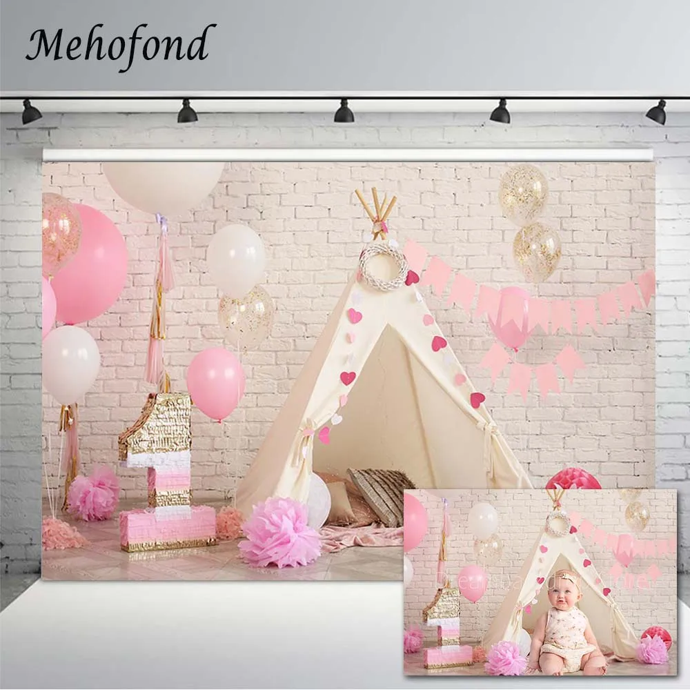 

Mehofond White Brick Wall Tent Girl 1st Birthday Decor Background Pink Balloons Flower Children Party Photography Backdrop Props