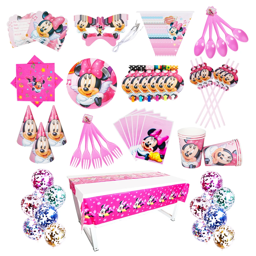 Disney Minnie Mouse Party Kids Birthday Hat Decoration Disposable Tableware Paper Plates Cups Tablecloth Baby Shower Girl