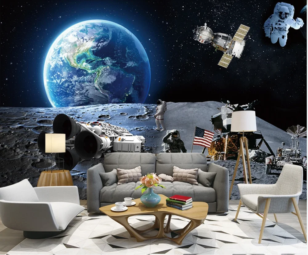 Custom 3D Behang Mural 3D Moon Landing Astronaut Universe Aarde Ruimteschip Achtergrond Muur Kinderkamer Achtergrond Muur