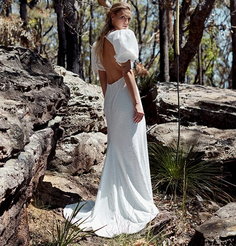 Robe De mariée sirène style Boho, à paillettes, avec manches courtes bouffantes, dos nu, pour la plage, nouvelle collection 2021