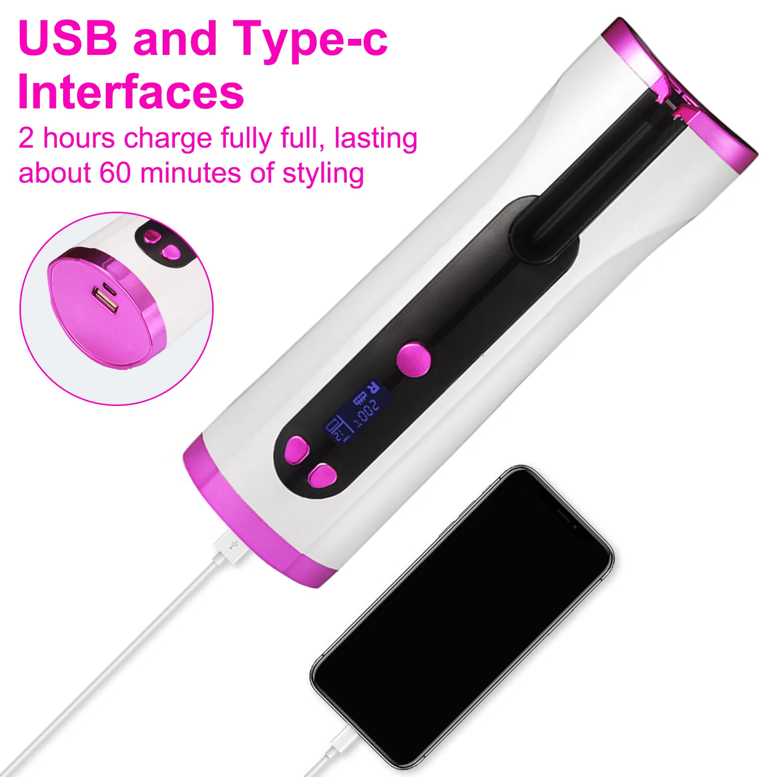 Portable Automatic Curling Iron Wireless Rechargeable Hair Curler Roller Quick Heating Smart Power Off for Wet Dry Hair