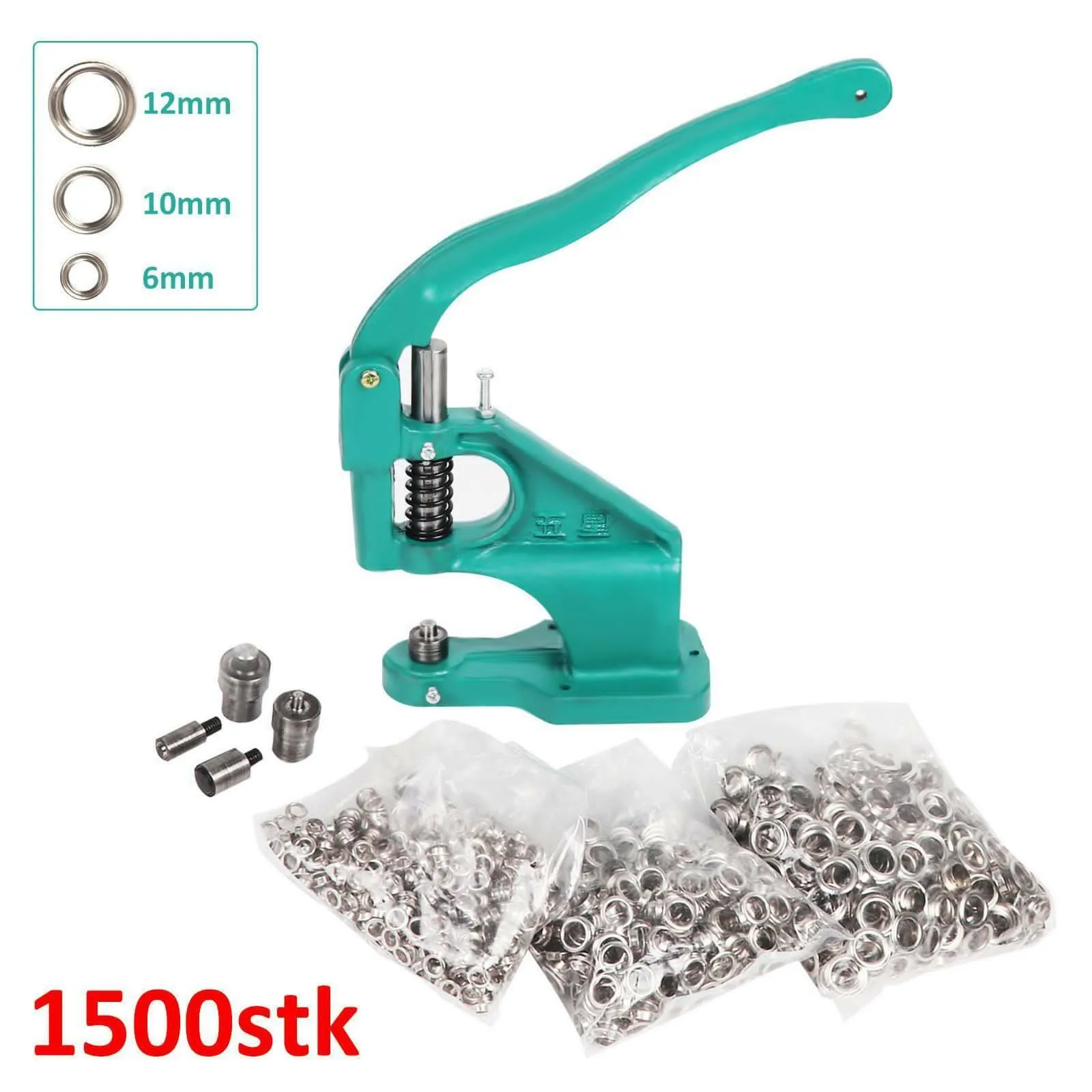 

Hand Press Grommet Eyelet Setting Machine with 3 Dies+1500pcs Buttons 6/10/12mm DIY Home Craft Manual Snap Eyelet Press Tools