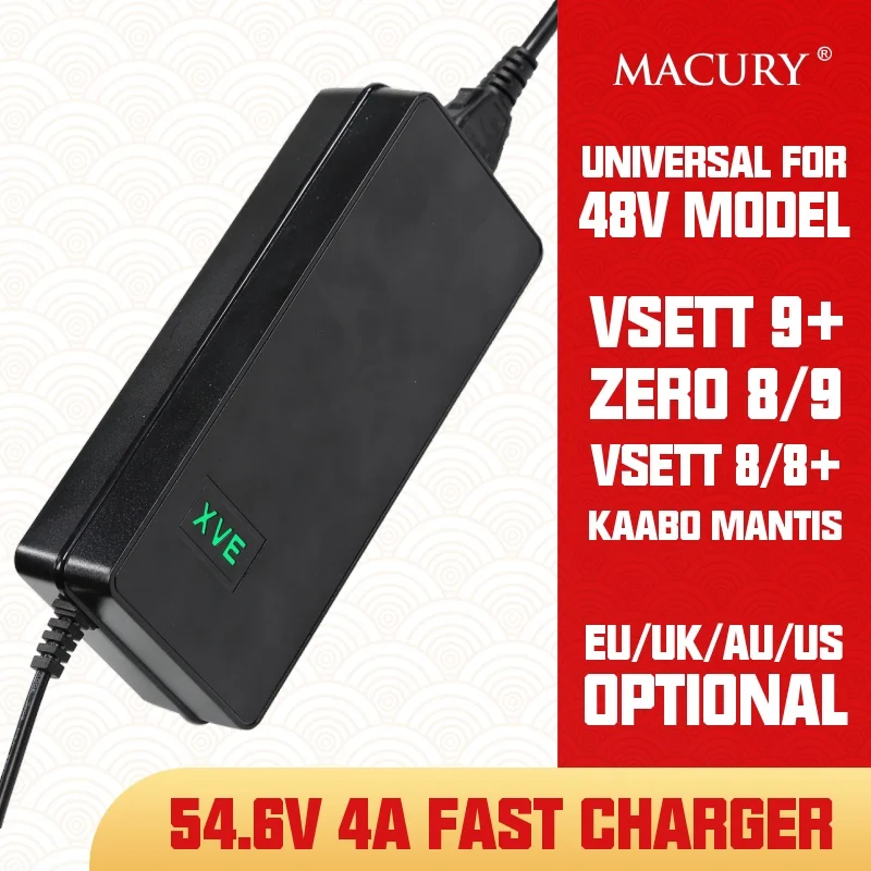 

Universal XVE GX16 3-Pin 54.6V 4A AC/DC Li-Ion Battery Fast Charger for 48V VSETT 8 8+ 9+ ZERO 8 9 Kaabo Mantis Electric Scooter