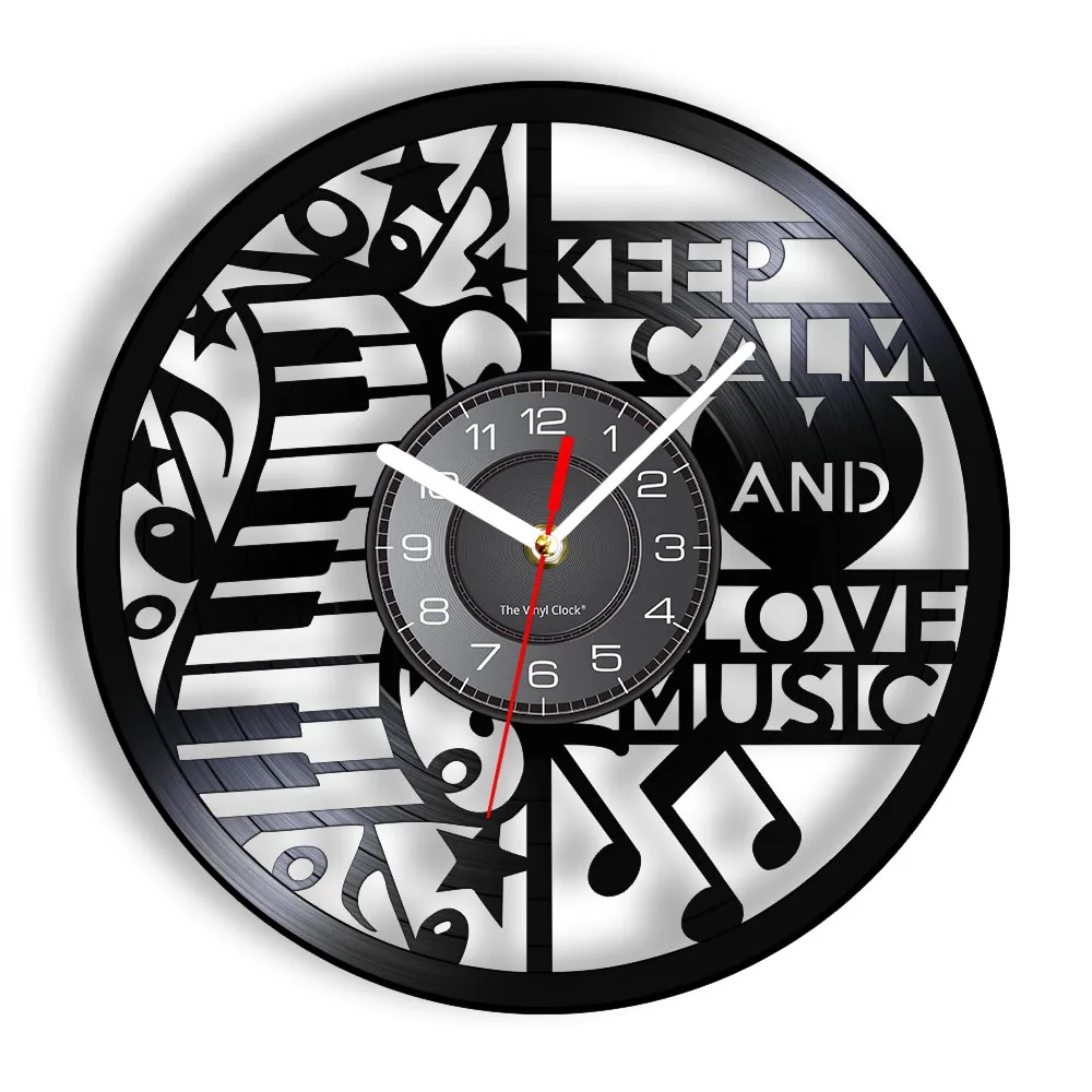 

Сохраняйте спокойствие и любовь Музыкальная запись Настенные часы Фортепианная клавиатура с музыкальной надписью Лазерная резка Грамофон Музыкальные ноты Бесшумные кварцевые часы