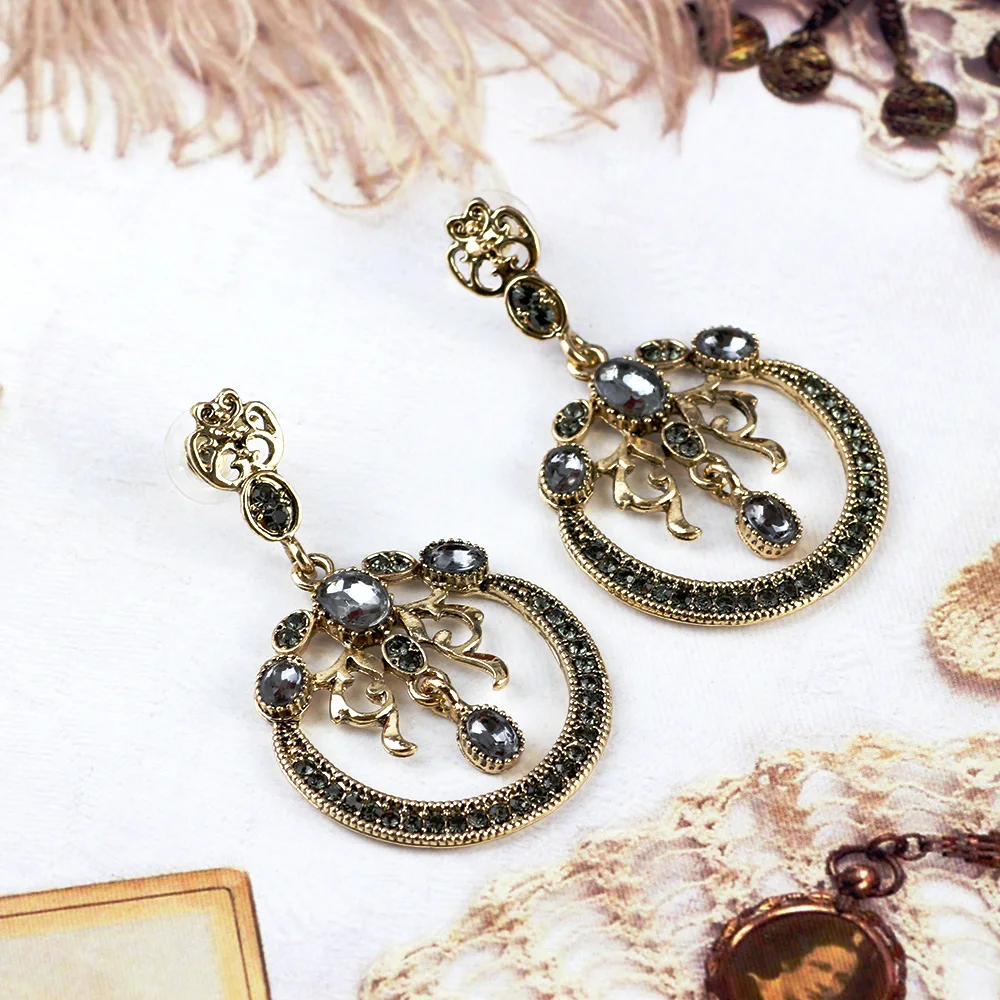 Turkish Grey Crystal Drop Earring For Women Antique Gold Color Indian Earring Vintage Round Wedding jewelry