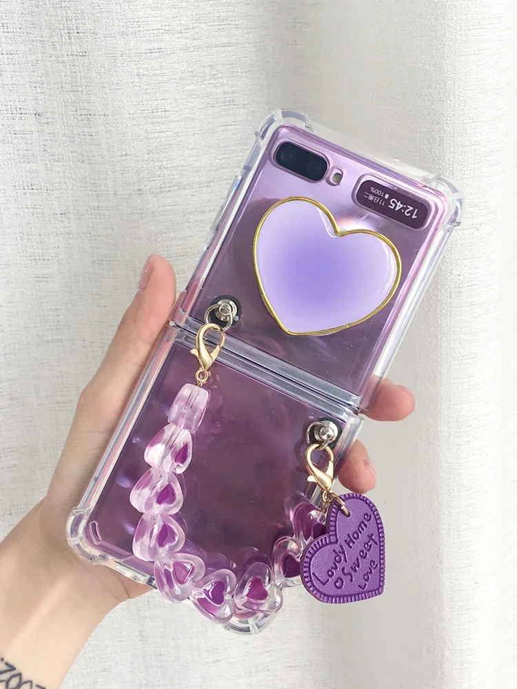 For Samsung Galaxy Z Flip Fold 6 5 2 3 4 5G F7110 Unique Cute Heart Strap Wrist Stand Holder Clear Phone Case Cover