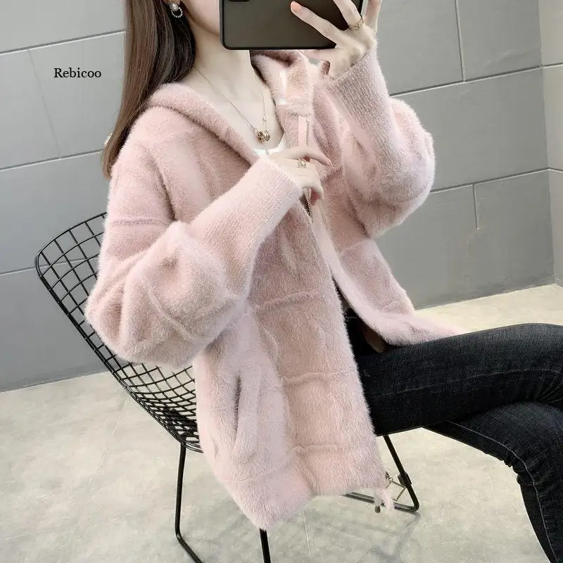 Imitation Mink Cashmere Coat Autumn Winter New Women's Clothing Thick Plush Cardigan Hooded Knitted Jacket With Zipper