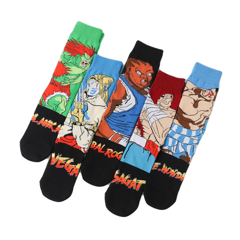 5 pairs of cotton personality anime socks for men in tube Street Fighter game socks trend cartoon men socks