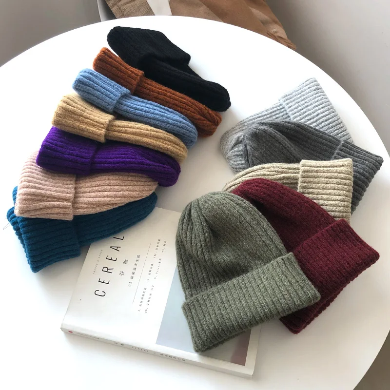 New Solid Wool Beanie Knitted Warm Soft Trendy Winter Hats Simple Korean Style Women Wool Casual Caps Elegant All-match Beanie