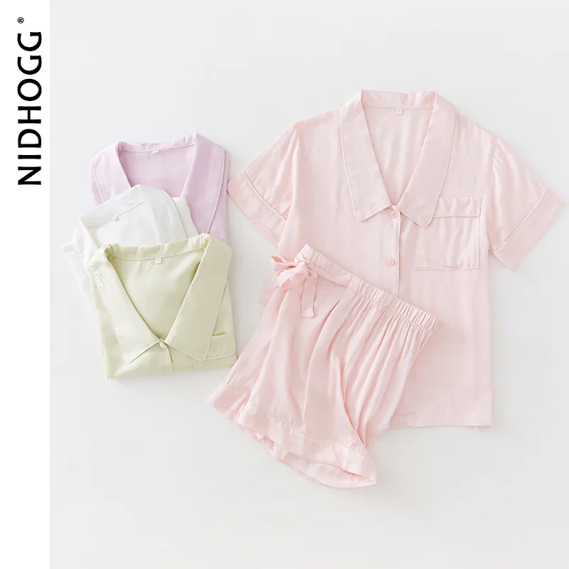 

Summer Satin Pijama Short Sleeve Shorts Pajamas Viscose Solid Pyjamas Women Lapel Lounge Wear 2 Piece Sleepwear Home Clothes