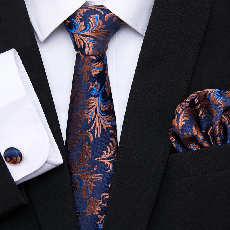 Gold Floral  Ties For Men Shirts Silk Men\'s Tie Handkerchief Cufflinks Set 35Colors Neck Tie Brand Fashion Design  S191