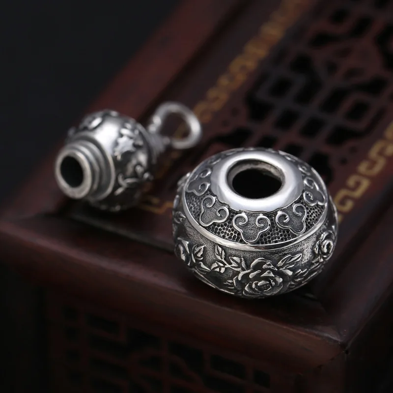 Tibetan Silver Memorial Fine Jewelry CanOpen 925 Sterling Silver Vintage Peony Bottle Engrave Ash lock Pendant Necklace Ash Urn