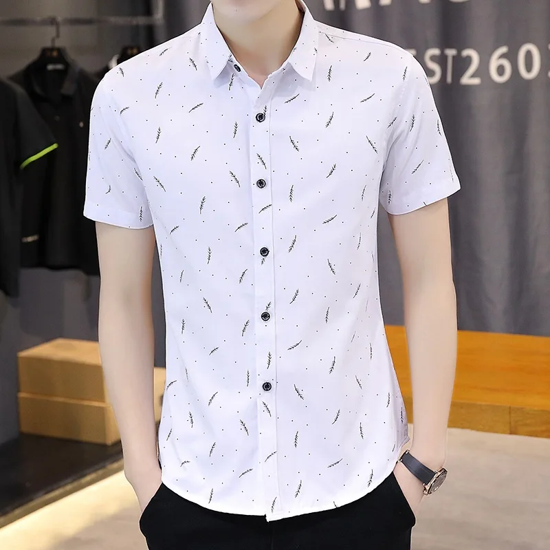 

Summer New Shirt Men's Feather Korean Version Short Sleeve Slim Square Collar Cardigan Floral Fresh And Cool Breathable Casual