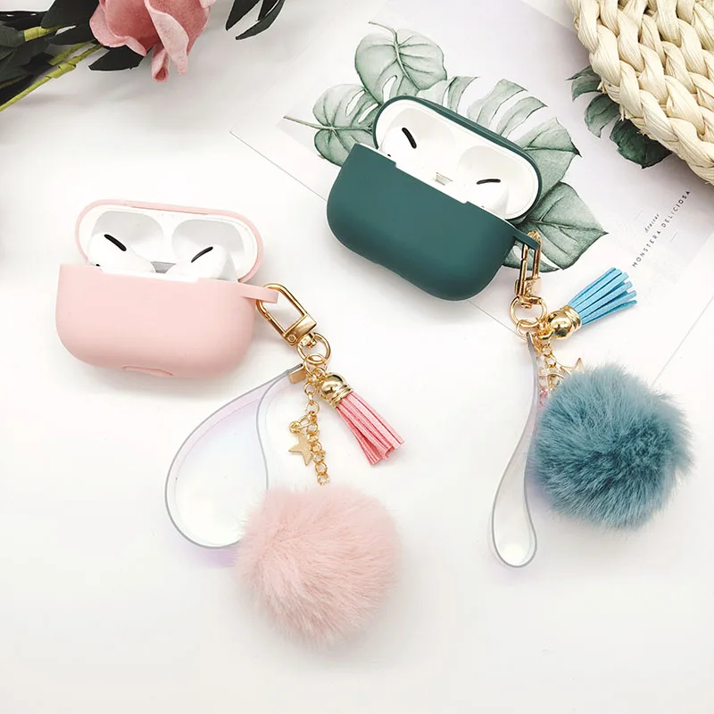 ピンクのシリコンairpodspro 3ケース,bluetoothイヤホン用,かわいい星型のタッセルとヘアボール付きのキーホルダー,airpods 2/1