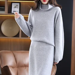 New 100%Pure Wool Cashmere Sweater Women High-Neck Large Size Top Knit High-Waist Long Skirt Two-Piece Suit Bag Hip Thick Dress