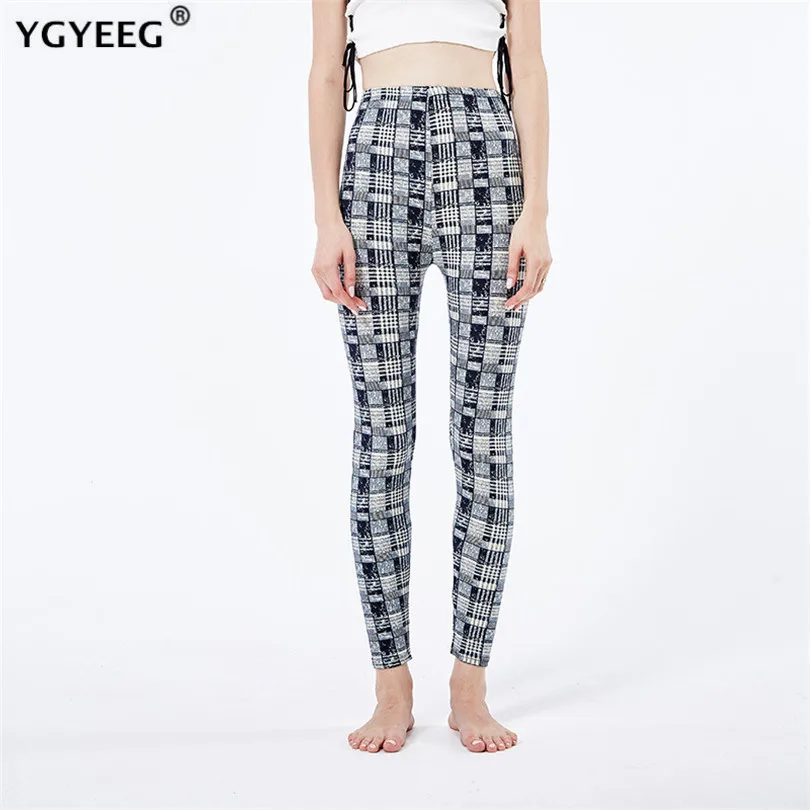 

YGYEEG Leggings Women Black Print Plaid Leggings Fitness For Women Sporting Workout Leggins Elastic Slim Pants Push Up Legging