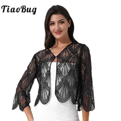 Women's Bridal Sequin Hollow Lace Long Sleeve Shawl and Wraps Shrug Bolero Open Front Cardigan Jacket Wedding Wraps Cover Up