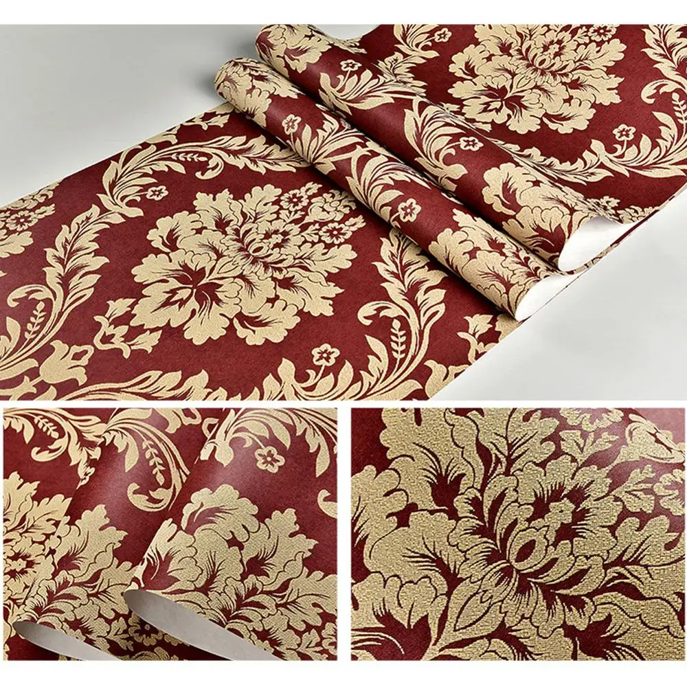 American Rustic Flower Floral Wallpaper Non-woven 3D Embossed Damask Wallpaper Rural Retro Living Room Contact Paper Red Beige