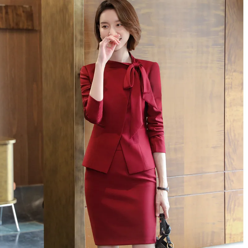 Czerwone garnitury damskie High End New Business Fashion Temperament Bow Design Long Sleeve Formal Blazer And Skirt Office Ladies Work Wear