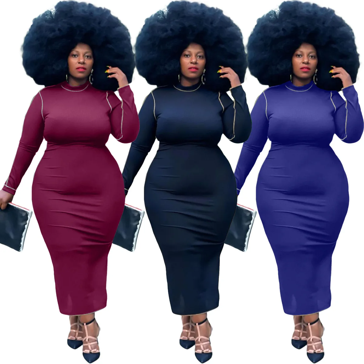 XL-5XL Wholesale Dropshipping Plus Size Dress Women Clothing Solid Color Long Sleeve O neck Slim Female Outfit Casual Dresses