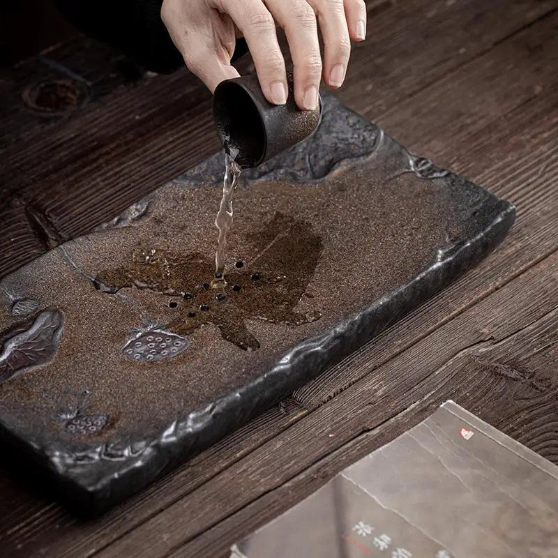 Ailian Said Dry Pour Tea Tray Japanese Small Rectangular Stoneware Water Storage Tea Table Household Gilding Ceramic Tea Tray