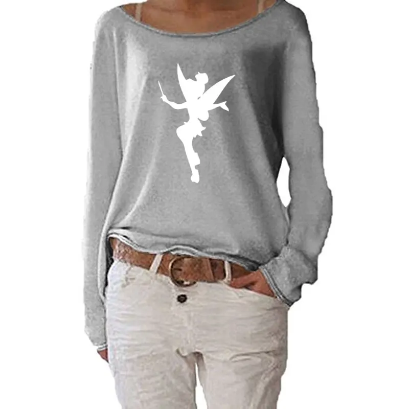 New Women Tinkerbell Fairy Silhouette Cartoon Women Long Sleeve Funny Autumn Tshirt Streetwear Women Casual Clothes