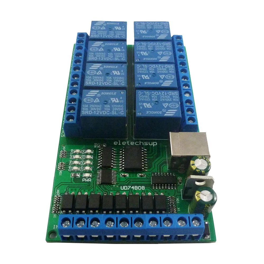 DC 12V 24V 8ch USB Serial Port Relay Optically isolated IO Module UART RS232 Switch Board CH340 for WIN10 WIN7 Linux MAX OS