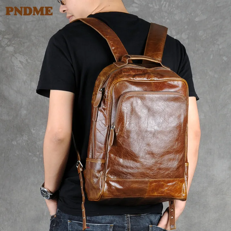 PNDME fashion vintage genuine leather men\'s backpack business luxury real cowhide laptop backpack travel large capacity bookbag