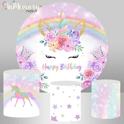 Flower Unicorn Birthday Party Background Baby Shower Kids Rainbow Candy Table Cover Round backdrop Poster Photo Studio Elastic