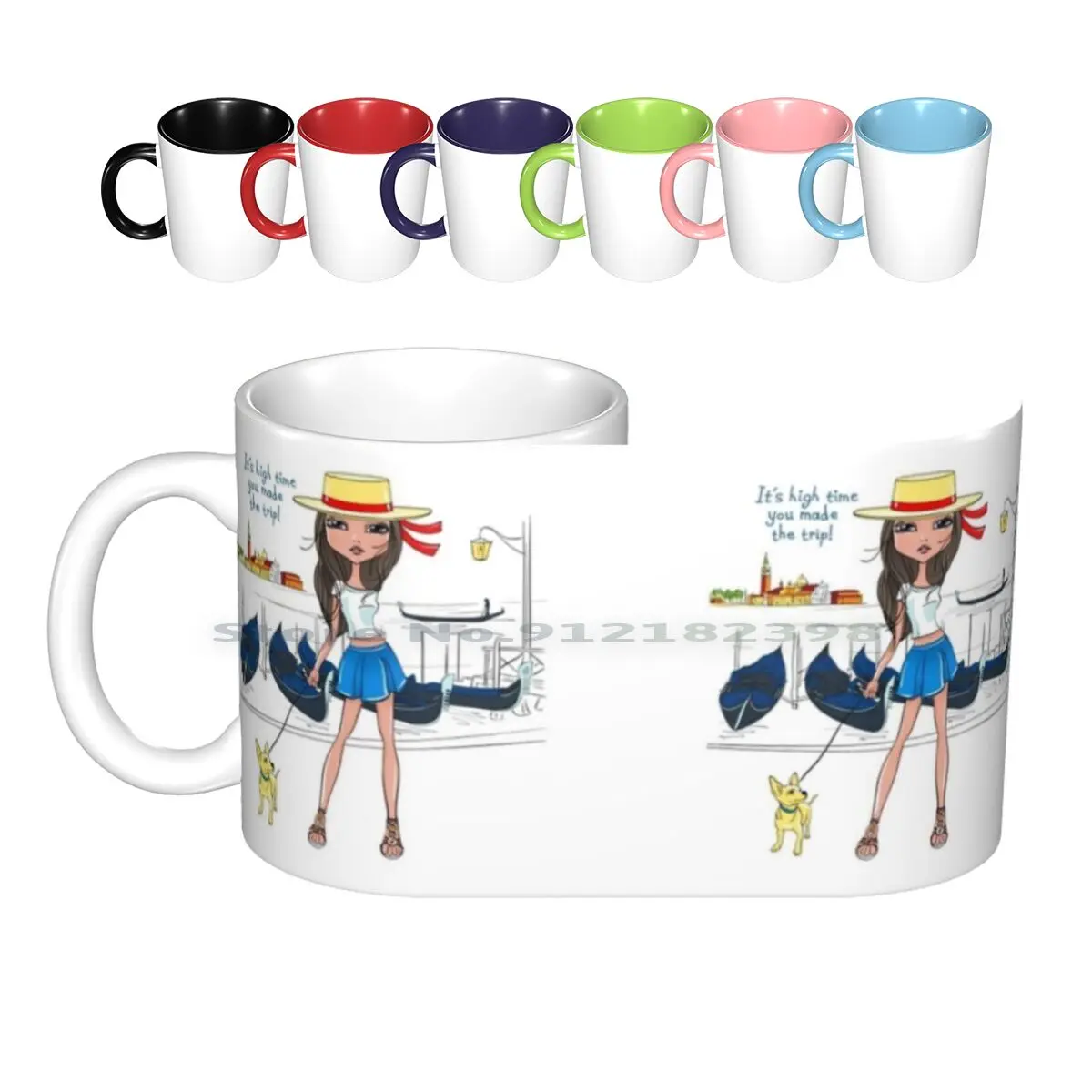 Fashion Girl With Dog In Venice Ceramic Mugs Coffee Cups Milk Tea Mug Fashion Girls Hipster Hat Gondola Gondolier Glamour Cute