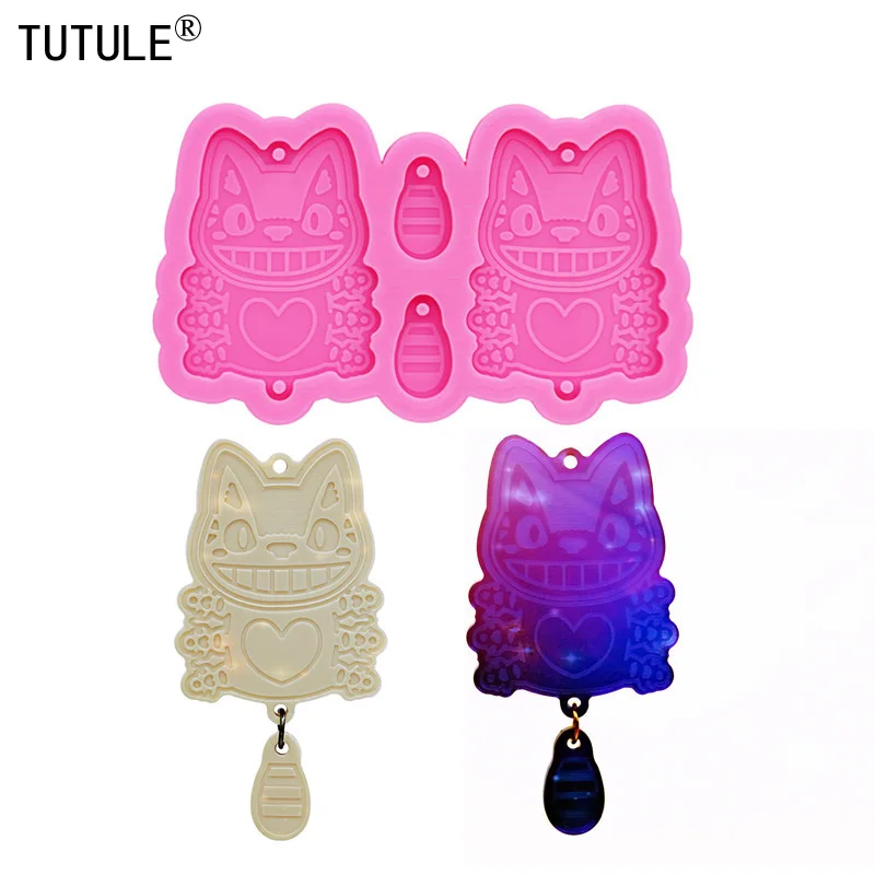 Mirror Cartoon cat pendant mold,Polymer keychain Resin mould,forms for baking fondant candies plaster clay silicone mold