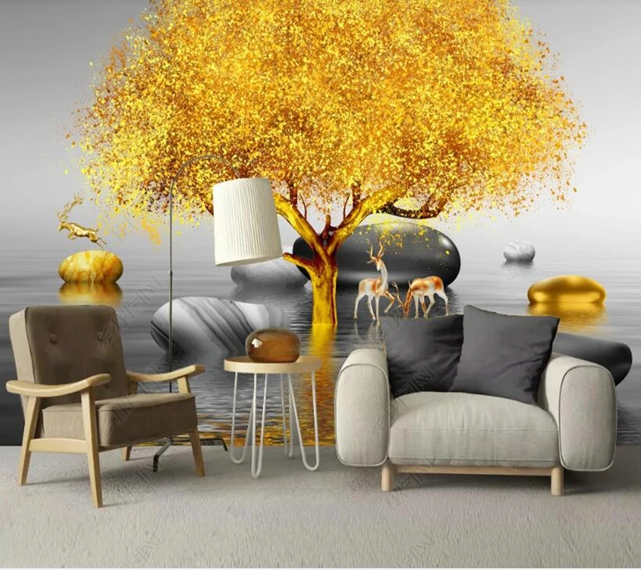 

Papel de parede Chinese style golden big tree elk landscap 3d wallpaper mural,living room tv wall bedroom wall papers home decor