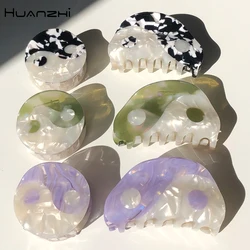 HUANZHI Vintage New Purple Green Yin Yang Round Semicircle Acetate Tai Chi Hair Clip Hairpin Headwear for Women Hair Accessory