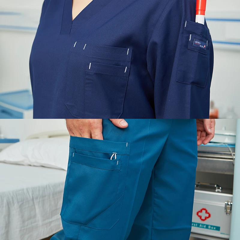 Scrub Set Uniform Nurse Workwear Nursing Top and Pant Women Men Solid Color Chlorine Bleach Resistance Heathered  Working Suit