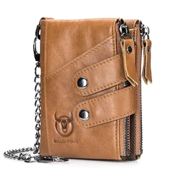 Quality Genuine Leather men Wallet Brand zipper Man Purse Vintage cow leather Male card Coin Bag with iron chain