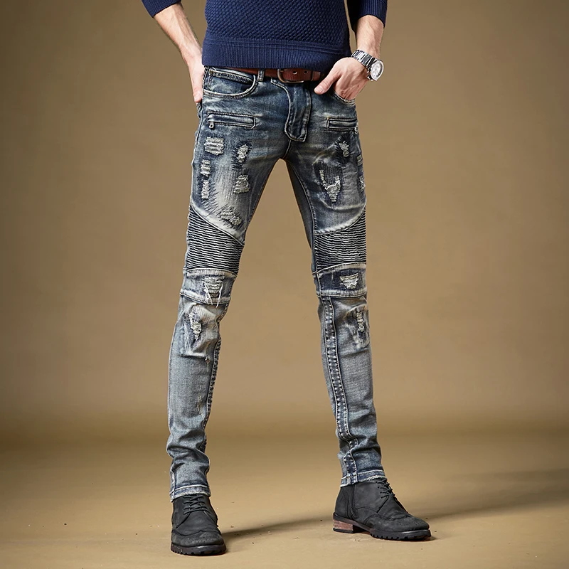 Free Shipping New 2019 men's male hole jeans tide brand retro old stitching Slim Korean version of the trend trousers pants