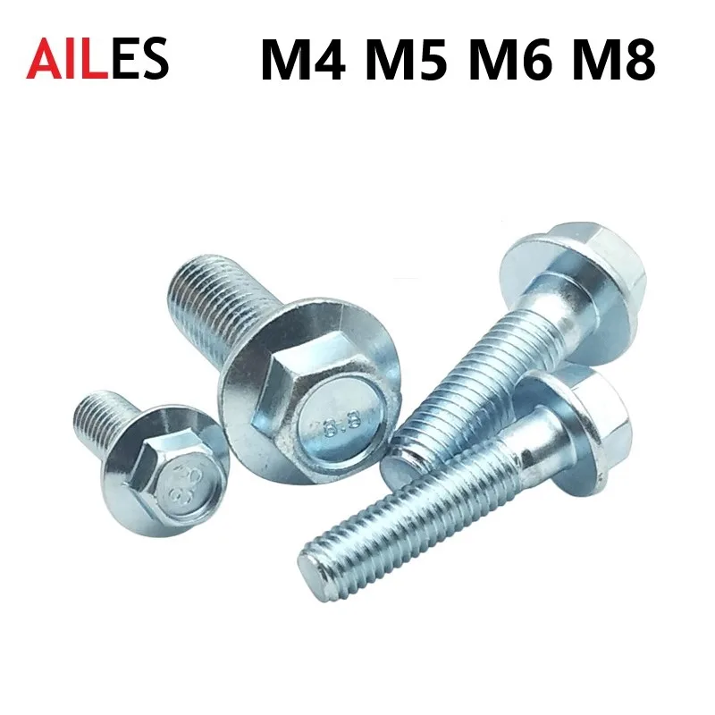 

M4 M5 M6 M8 External Hexagon Flange Bolts 8.8 Grade White Zinc Plated Hexagonal Flange Screws with Belt Pad 8 10 20 30 70 110mm