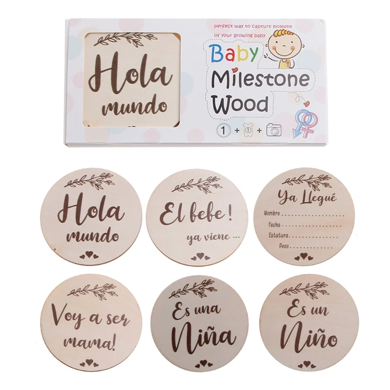 2024 New 6 Pcs/Set Handmade Baby Milestone Cards Newborn Monthly Recording Cards Spanish Language Letters Leaves Print