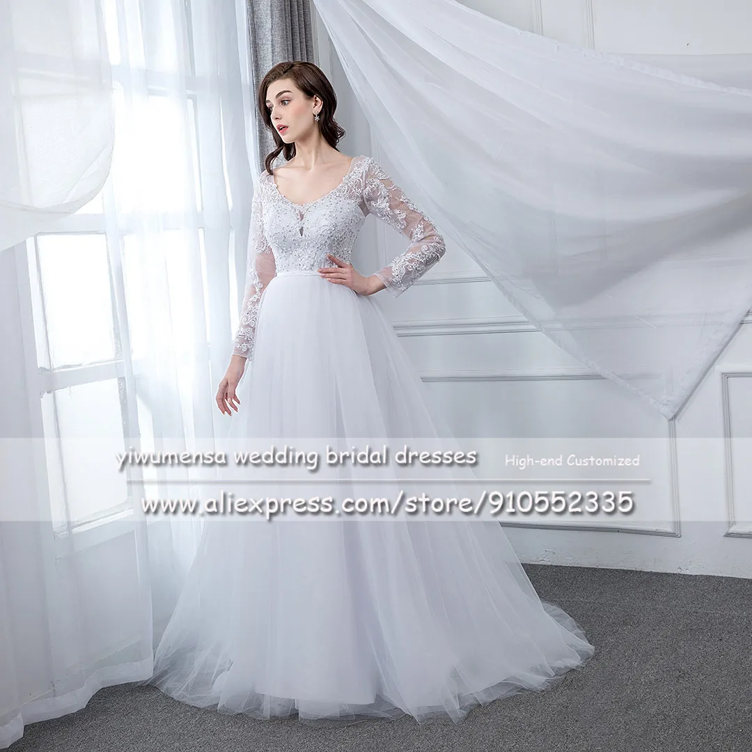 A20 Long Sleeves Tulle Beach Wedding Dress Simple Sexy Backless Bridal Gown Plus Size Romantic Lace Beaded Robe De Marriage 2020