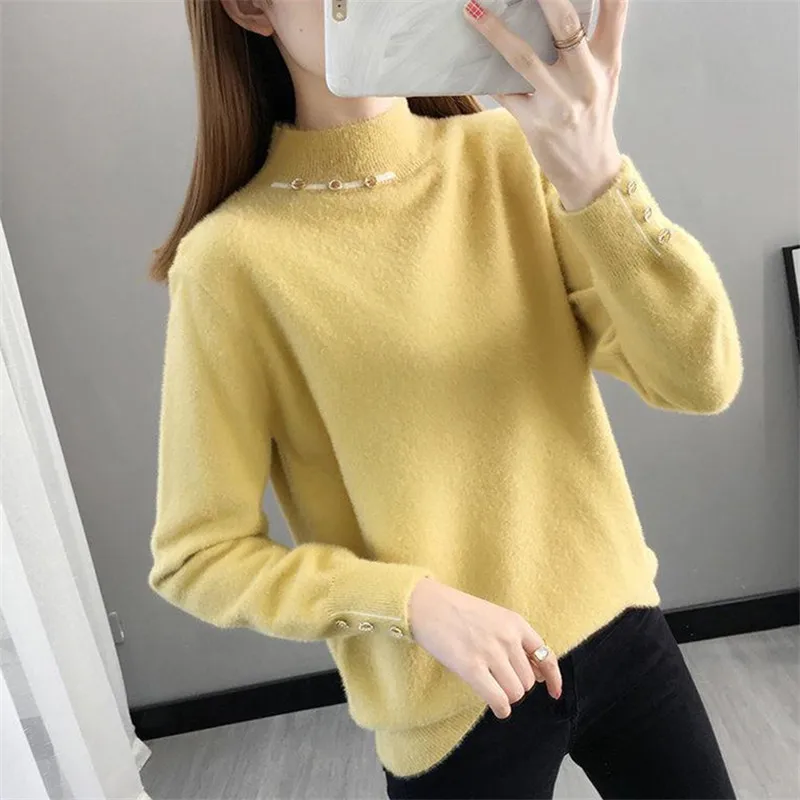 

Half High Collar Mink Fleece Sweater Women Korean 5 Color Jumper Ladies Autumn Winter Thick Long Sleeve Short Pullover Female